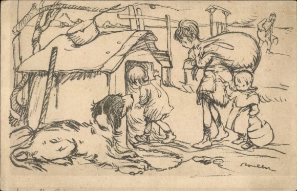 Artist Postcard Poulbot, Francisque, Children move into a doghouse