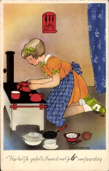 Artist Postcard Schermele, W., Happy Birthday, Girl Cooking
