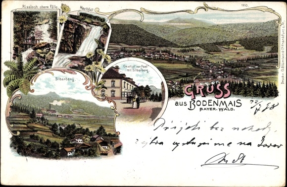 Litho Bodenmais im Bayerischen Wald Niederbayern, Rissloch obere Fälle, Gasthof zur Post, Silberberg