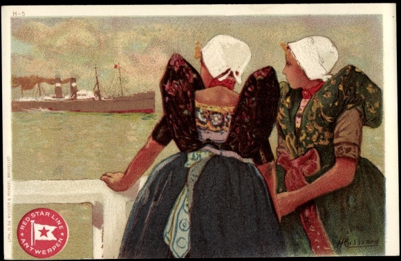 Artist Chromo-Litho Cassiens, Steamer, Red Star Line, Antwerp New York Boston, Dutch costumes