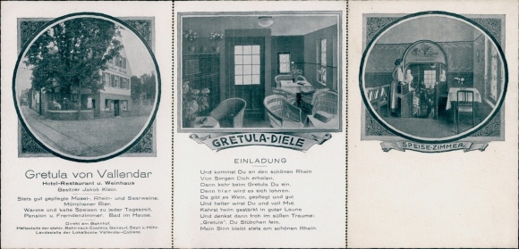 Klapp Postcard Vallendar am Rhein, Hotel Restaurant Gretula von Vallendar, Gretula Hall, Song