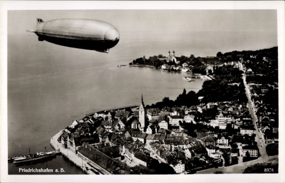 Postcard Friedrichshafen on Lake Constance, airship Graf Zeppelin, aerial photograph