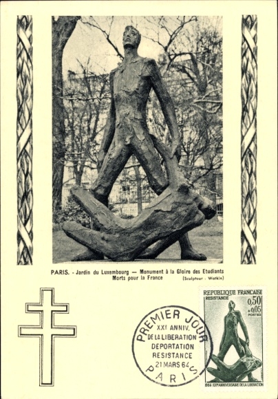 Maximum Postcard Paris VI., Jardin du Luxembourg, Monument to the Glory of the Dead Students for France