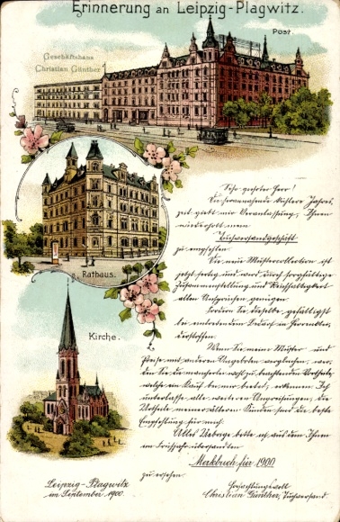 Litho Plagwitz Leipzig in Sachsen, Post, Rathaus, Kirche