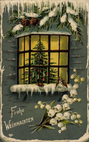 Embossed Postcard Merry Christmas, Christmas tree, snowdrops