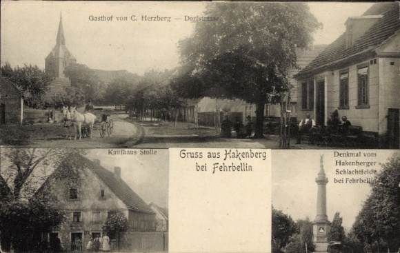Postcard Hakenberg Fehrbellin in Brandenburg, inn, village street, Stolle department store, monument