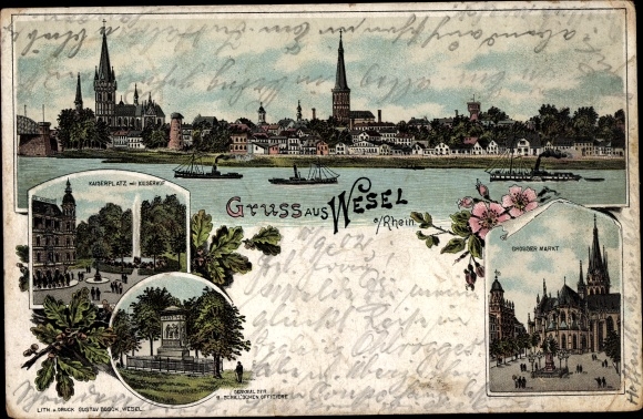Chromo-Litho Wesel on the Lower Rhine, Kaiserplatz, Kaiserhof, monument, large market