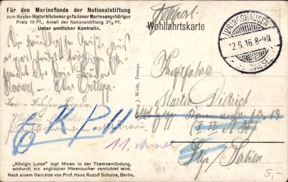 Artist Postcard Schulze, Hans Rudolf, German warship, Queen Luise, English minesweeper
