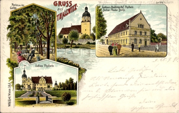litho Thallwitz in Saksen, herberg aan het Preußischer Hof, kasteel