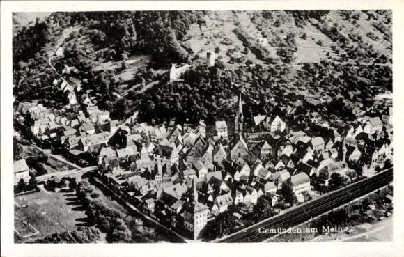 Postcard Gemünden am Main Lower Franconia, aerial photograph