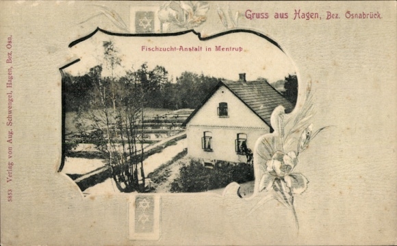 Embossed Passepartout Postcard Mentrup Hagen Teutoburg Forest Lower Saxony, fish farm