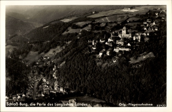Postcard Burg an der Wupper Solingen, Castle Burg, aerial photograph of Bergisches Land, castle, landscape