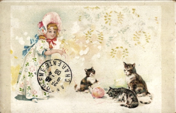 Postcard girl playing with cats and ball of wool