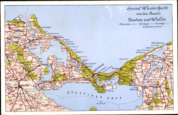 Kaarten Ak Anklam in Mecklenburg Vorpommern, wandelkaart van de eilanden Usedom en Wollin
