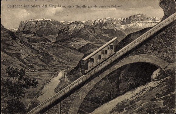 PC Bozen Bolzano South Tyrol, Funicolare del Virgolo, Viadotto verso the Dolomiti, mountain landscape,