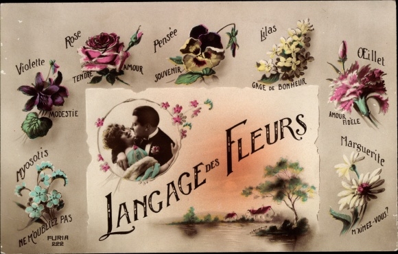 Postcard Langage des Fleurs, language of flowers, lovers