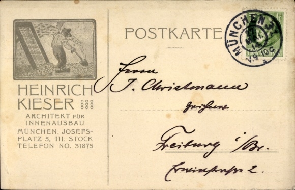 Postcard Reklame Heinrich Kieser, architect for interior design, Munich, Josefsplatz 5