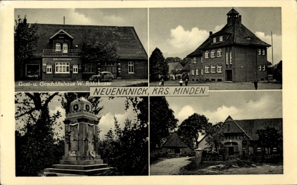 Postcard Neuenknick Petershagen an der Weser, guest and business building W. Röhrkasse, monument