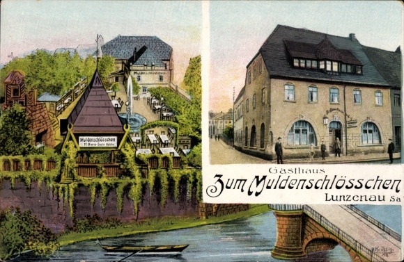 Postcard Lunzenau in Sachsen, Gasthaus zum Muldenschlösschen, owner Paul Heinze