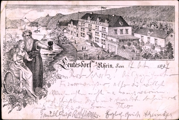 Chromo-Litho Leutesdorf Rhineland Palatinate, Hotel Marsberg, Rheinpartie