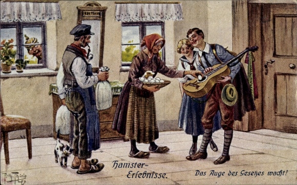 Artist Postcard Thiele, Arthur, hamster experiences, the eye of the law is awake, eggs, guitar, cat