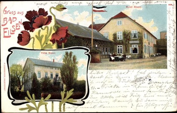 Postcard Bad Eilsen in the district of Schaumburg, Hotel and Villa Rinne, exterior view, guests, poppies