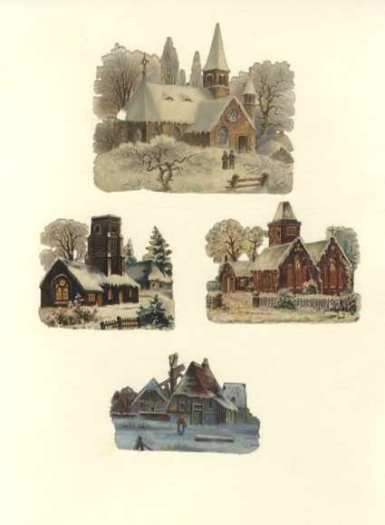 4 wafers 3 churches and 1 house in a winter landscape, approx. 9.5 x 11 cm to 5 x 8.5 cm