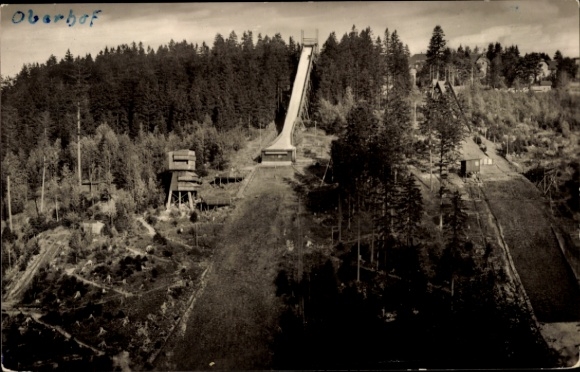 Postcard Oberhof in the Thuringian Forest, ski jump, forest, Oberhof