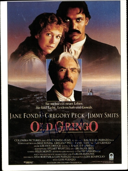 Werbekarte zum Film Old Gringo mit Jane Fonda, Gregory Peck, Jimmy Smits, Autogramm