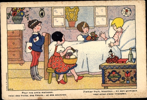 Artist Postcard Belgian Red Cross, Children Visiting the Sick