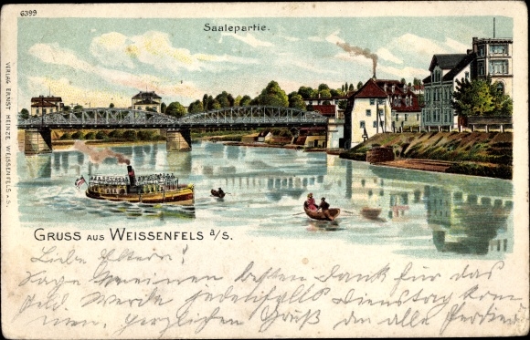 lito Weißenfels w Burgenlandkreis, sekcja Saale z parowcem, mostem