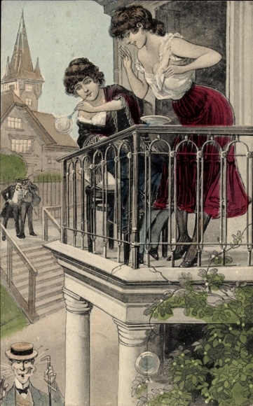 Artist Postcard Two Women on a Balcony, Soap Bubbles