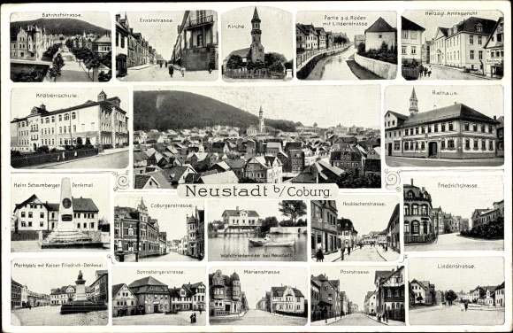 Ak Neustadt bei Coburg Oberfranken, Ernststraße, Bahnhofstraße, Rathaus, Kirche, Coburgerstraße