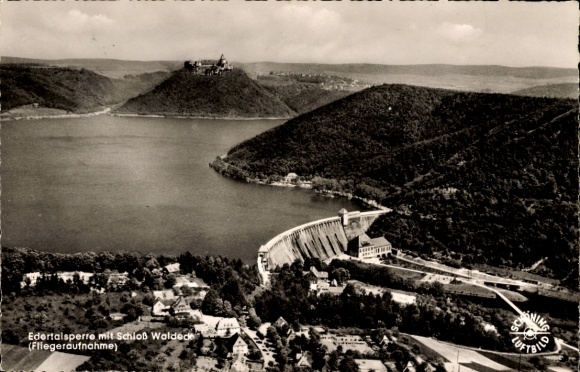 Postcard Hemfurth Edersee Edertal Hesse, Eder Dam, Waldeck Castle, aerial photograph