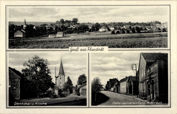 Postcard Flurstedt Apolda in Thuringia, monument, church, material store by A. Kirsch