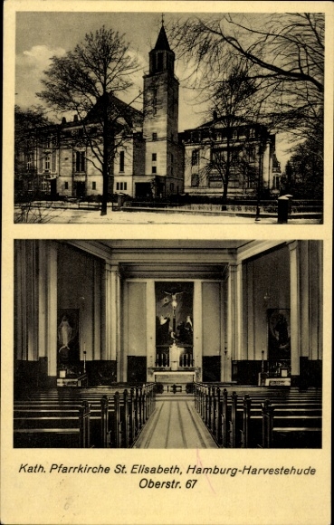Postcard Hamburg Eimsbüttel Harvestehude, parish church, inside and outside