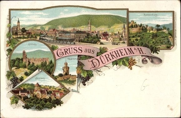 Litho Bad Dürkheim am Pfälzerwald, Limburg, Seebach, Hardenburg, Flaggenturm, Bahnhof