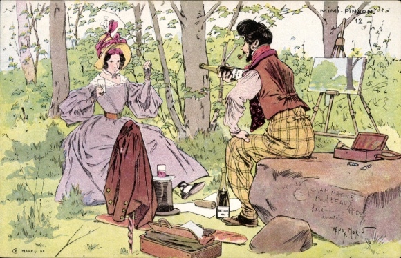 Artist Postcard Morin, H., Young Woman with Champagne, Painter