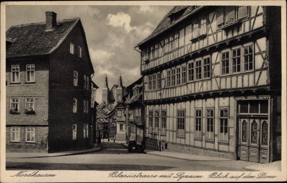 Postcard Nordhausen in Thuringia, Blasiistraße with Lyceum, Cathedral in the background