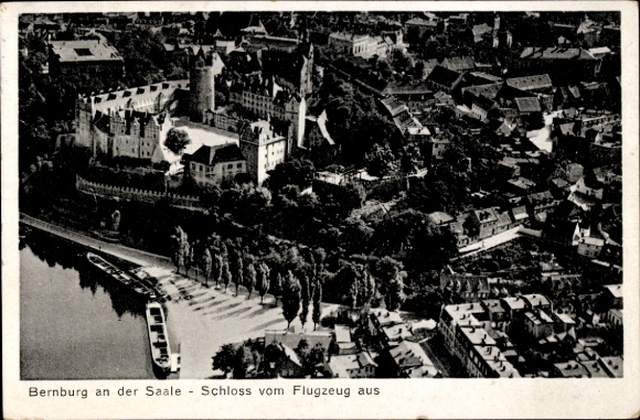 Postcard Bernburg an der Saale, castle, aerial photograph