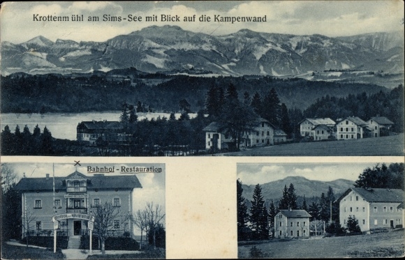 Postcard Krottenmühl Söchtenau am Simssee Upper Bavaria, panorama, Kampenwand, station restoration