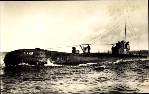 Postcard surfaced Dutch submarine K XVIII