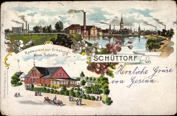 litho Schüttorf in de provincie Bentheim, restaurant voor ontspanning, uitzicht op de stad