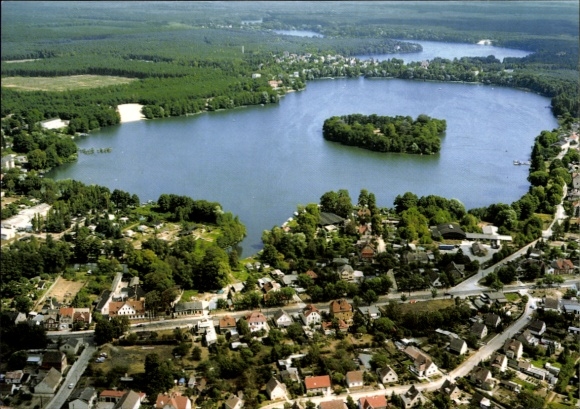 Ak Grünheide in der Mark, Luftbild der Grünheider Seen, Lindwallinsel, Wald, Häuser