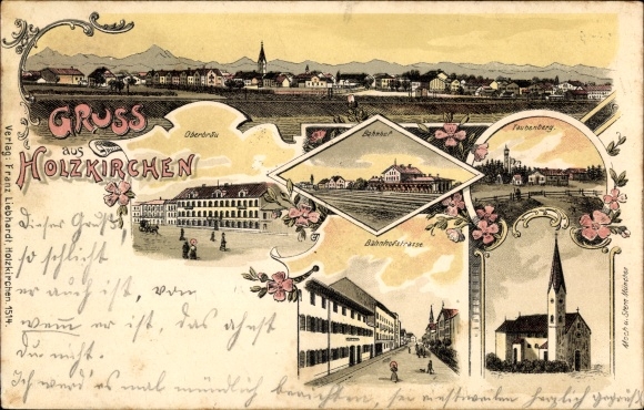 Chromo-Litho wooden churches in Upper Bavaria, Oberbräu, train station, Bahnhofstrasse, church, Taubenberg