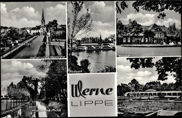 Postcard Werne in the district of Unna, parish church, train station, city park, outdoor pool