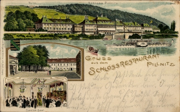 Chromo-Litho Dresden Pillnitz, Pillnitz Castle, castle restaurant, dining room, steamship on the Elbe