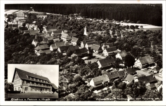 Postcard Herzogsweiler Pfalzgrafenweiler in the Black Forest, aerial view, Gasthaus zum Hirsch, quiet country