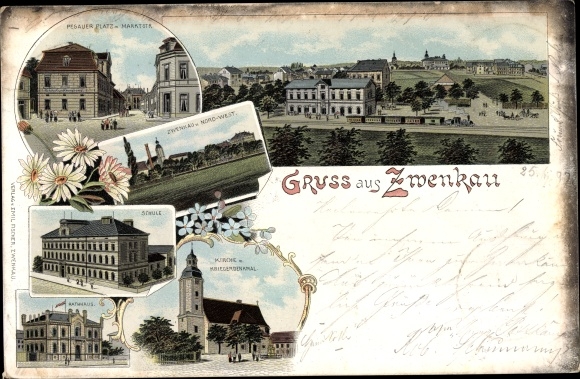 Chromo-Litho Zwenkau in Saxony, Pegauer Platz, school, church, town hall, war memorial