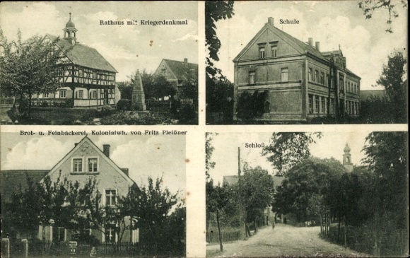 Postcard Prießnitz Frohburg in Saxony, town hall with war memorial, school, Pleißner bakery, castle
